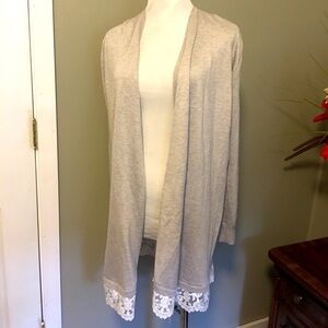 New Directions sz S open front cardigan lace trimmed hem & long sleeves.